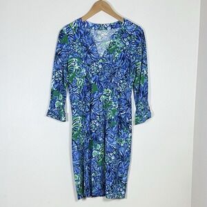 Lilly Pulitzer Womens Fairfax Dress S Blue Turtle Awe 3/4 Sleeve Cotton Nautical